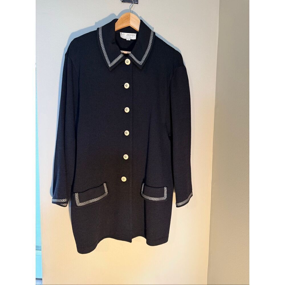 St. John Size L Santana Knit Longline Blazer Jacket Black Old Money Quiet Luxury - Picture 4 of 15